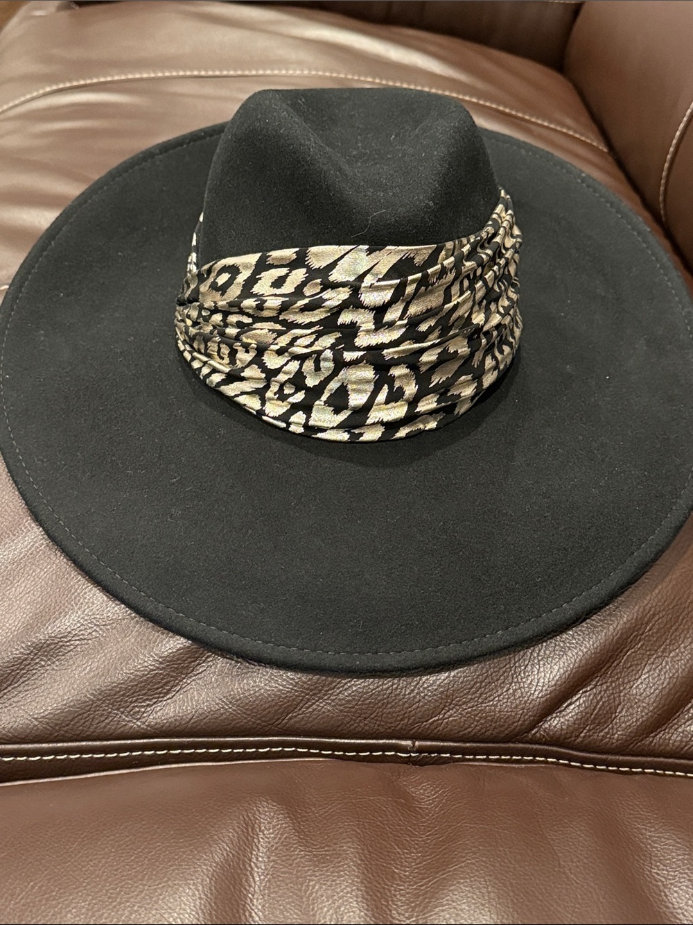 Eugenia Kim Black Wide-Brim Fedora with Ruched Leopard-Print Band